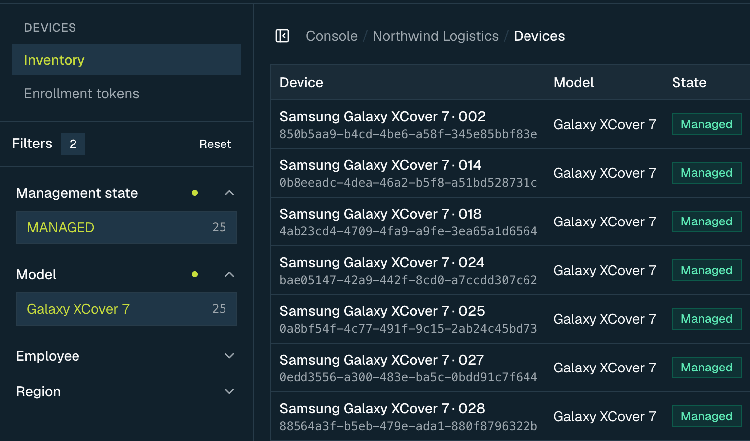 The device inventory narrowed by two filters, with management state and model selected in the rail and every remaining row a Galaxy XCover 7.