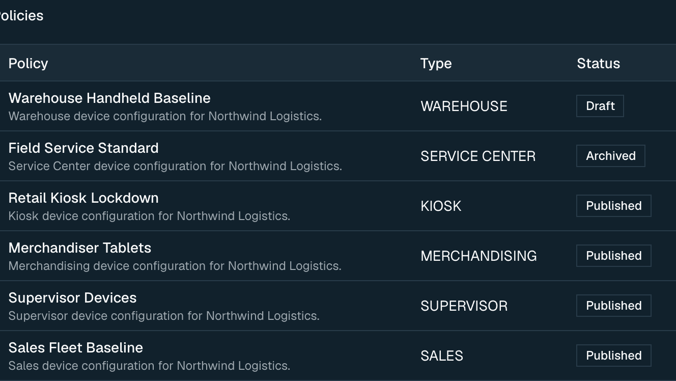 The policy library, showing baseline, kiosk, warehouse and service-centre policies with their type and whether each is published, draft or archived.