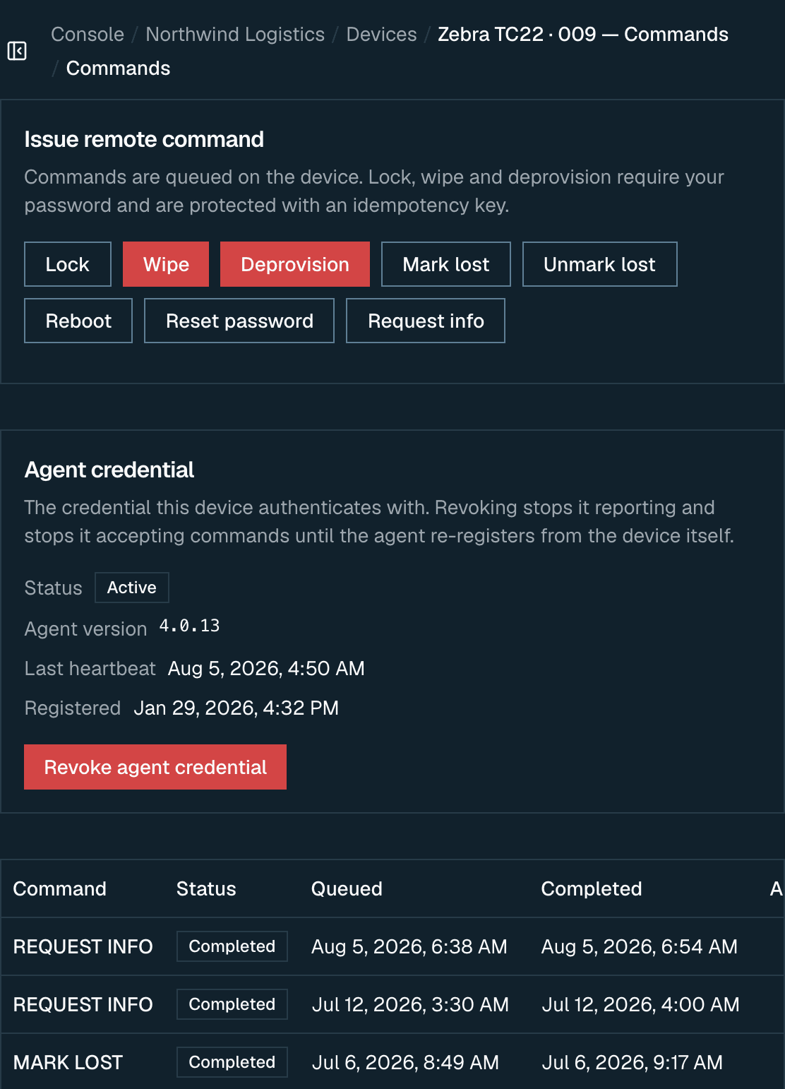 The commands view for one handheld: buttons to lock, wipe, deprovision, reboot and request information, the device's agent credential and last heartbeat, and a history of completed commands with the times they were queued and finished.