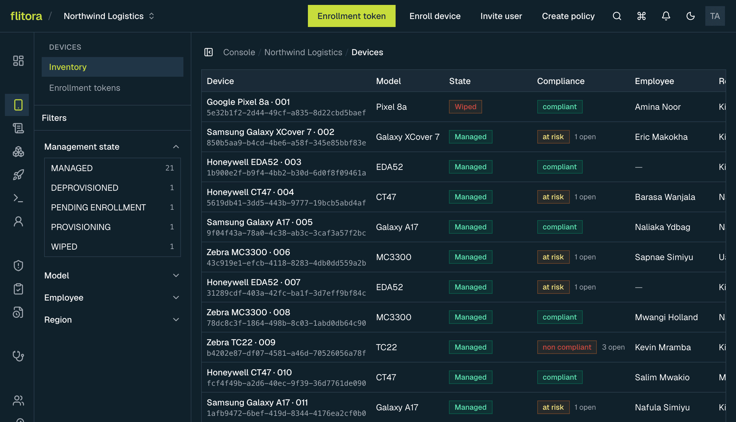 The Mobidachi console on the dark theme: the icon rail, the device sub-navigation and filters, and the inventory listing each handheld with its model, management state and compliance status.