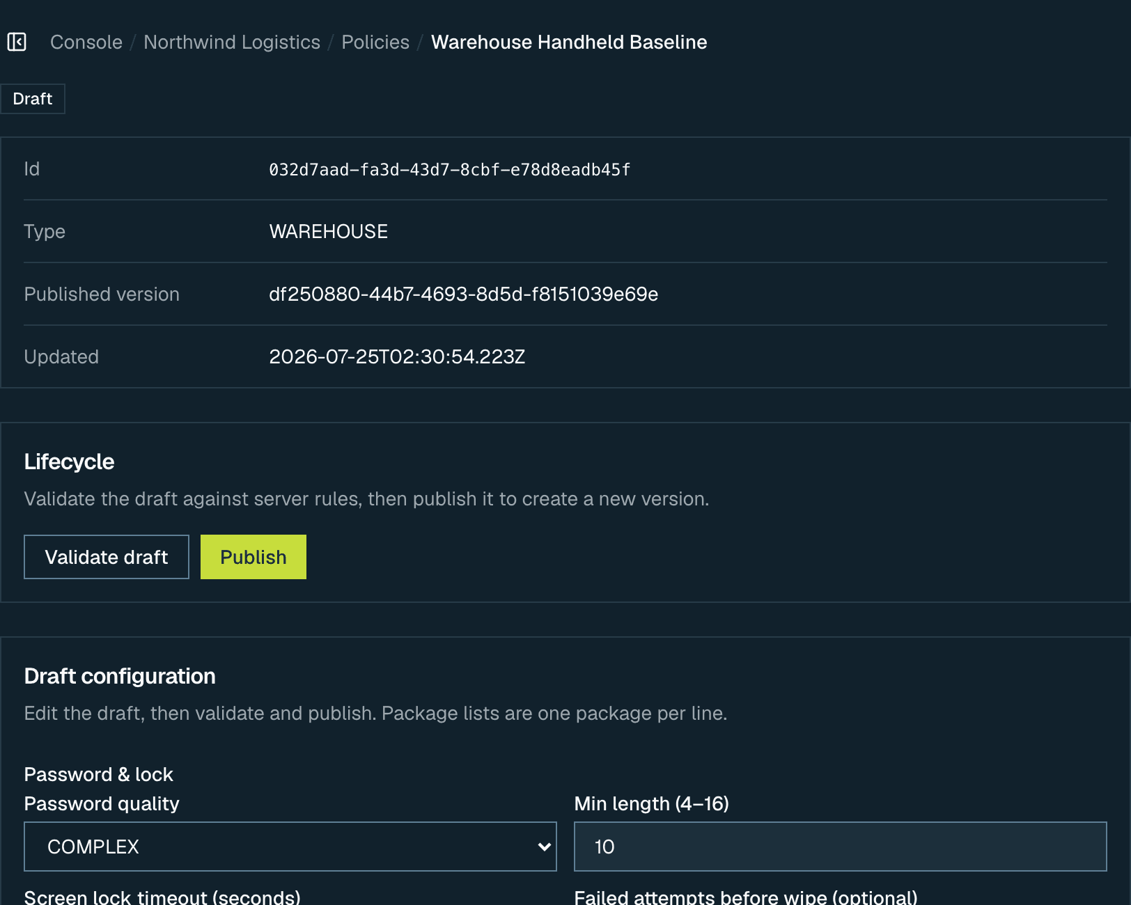 A warehouse policy in draft, showing its published version and the validate and publish controls above the draft's password, lock and restriction settings.