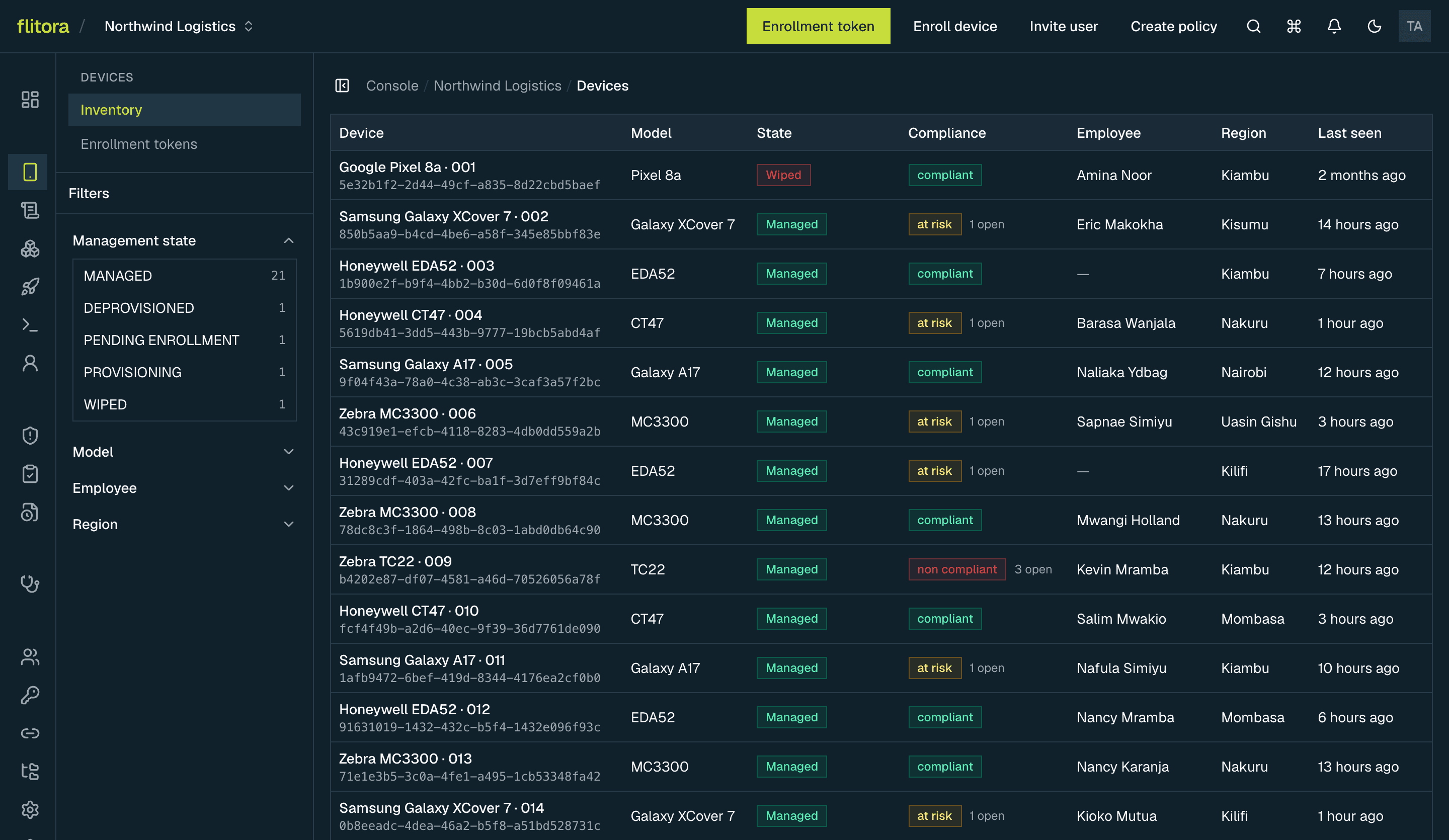 The Mobidachi console listing one fleet's mixed hardware together — Pixel and Galaxy phones beside Honeywell and Zebra rugged scanners — each row giving the device's region across Kiambu, Kisumu, Nakuru, Nairobi, Uasin Gishu, Kilifi and Mombasa, and how long ago it last reported.